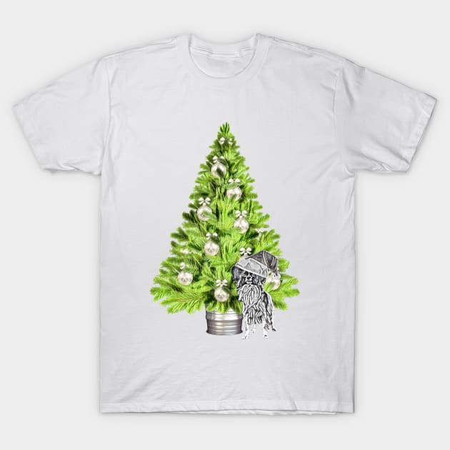 Papillon Dog Christmas scene with Christmas tree and Santa hat T-Shirt by NikkiBear67